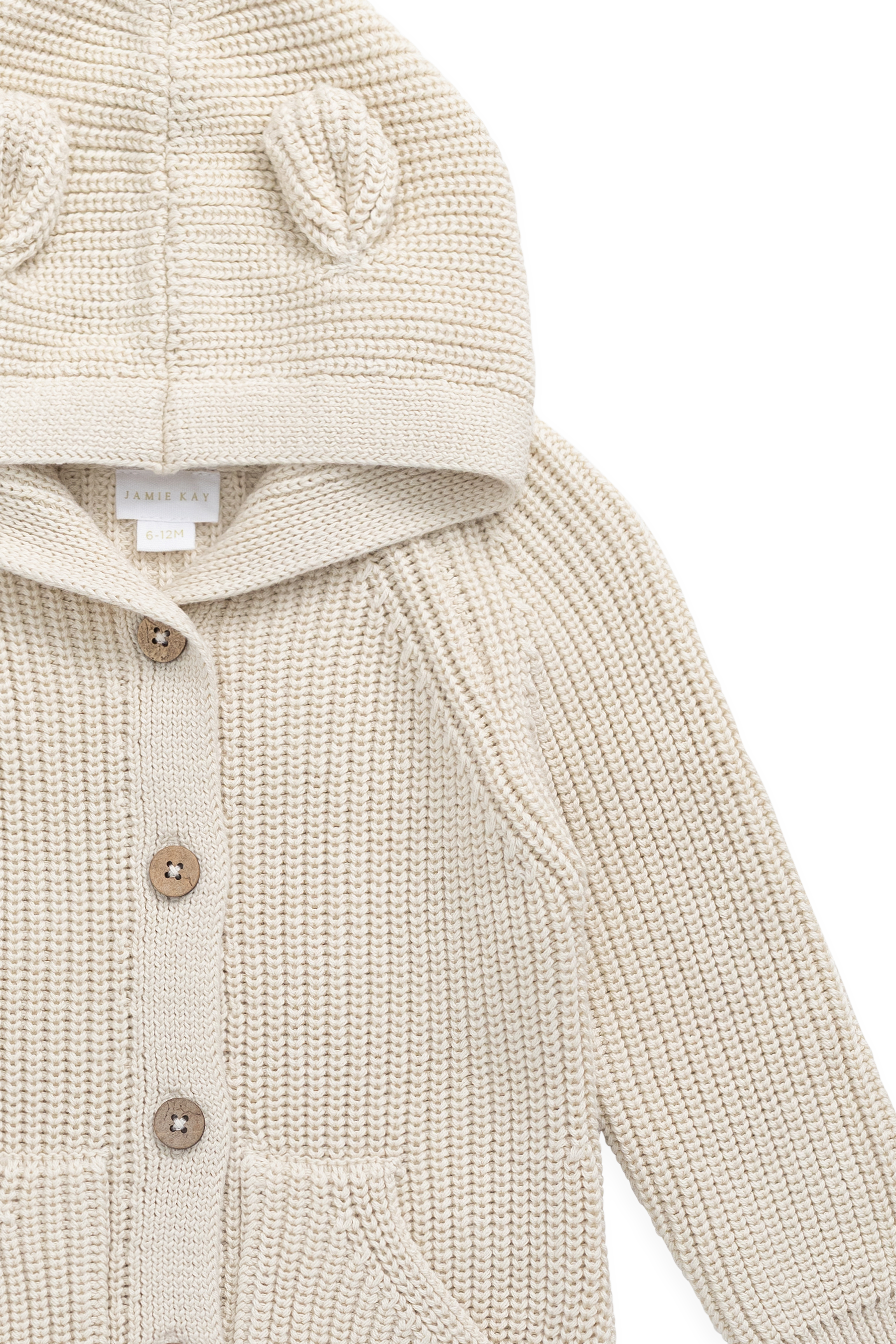 Grenouillère en tricot 100 % coton « Ourson Vanille » avec capuche à oreilles, boutonnée sur le devant et poches, pour bébés de 0 mois à 3 ans