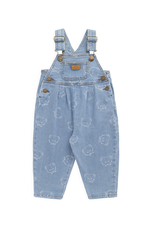 Salopette en jean bleu clair décontractée en coton imprimé Bowie avec bretelles réglables et poche bavette pour enfants de 6 mois à 6 ans