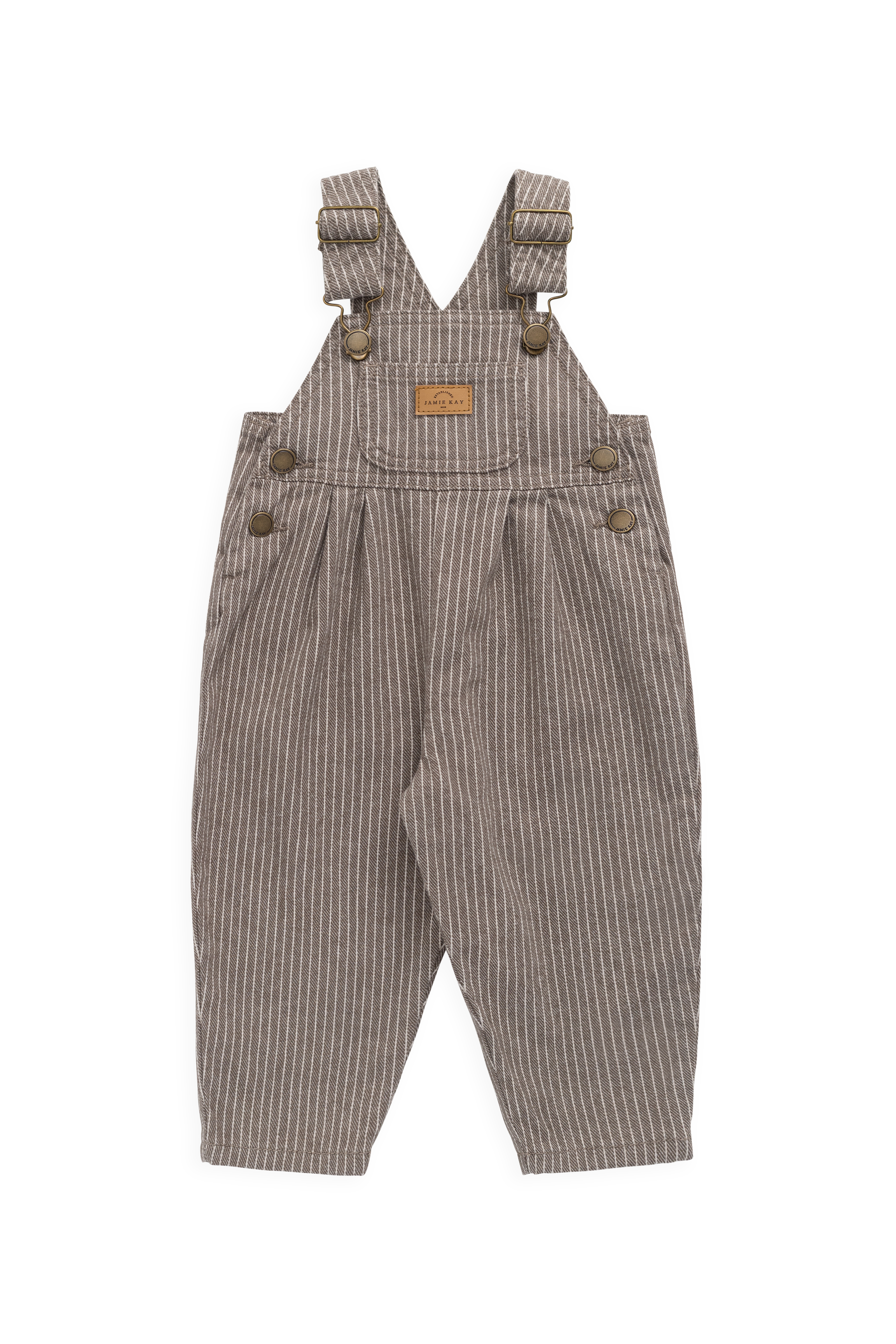 Salopette enfant vintage en coton-élasthanne marron tapioca à fines rayures avec bretelles réglables et poche bavette, 6 mois–6 ans