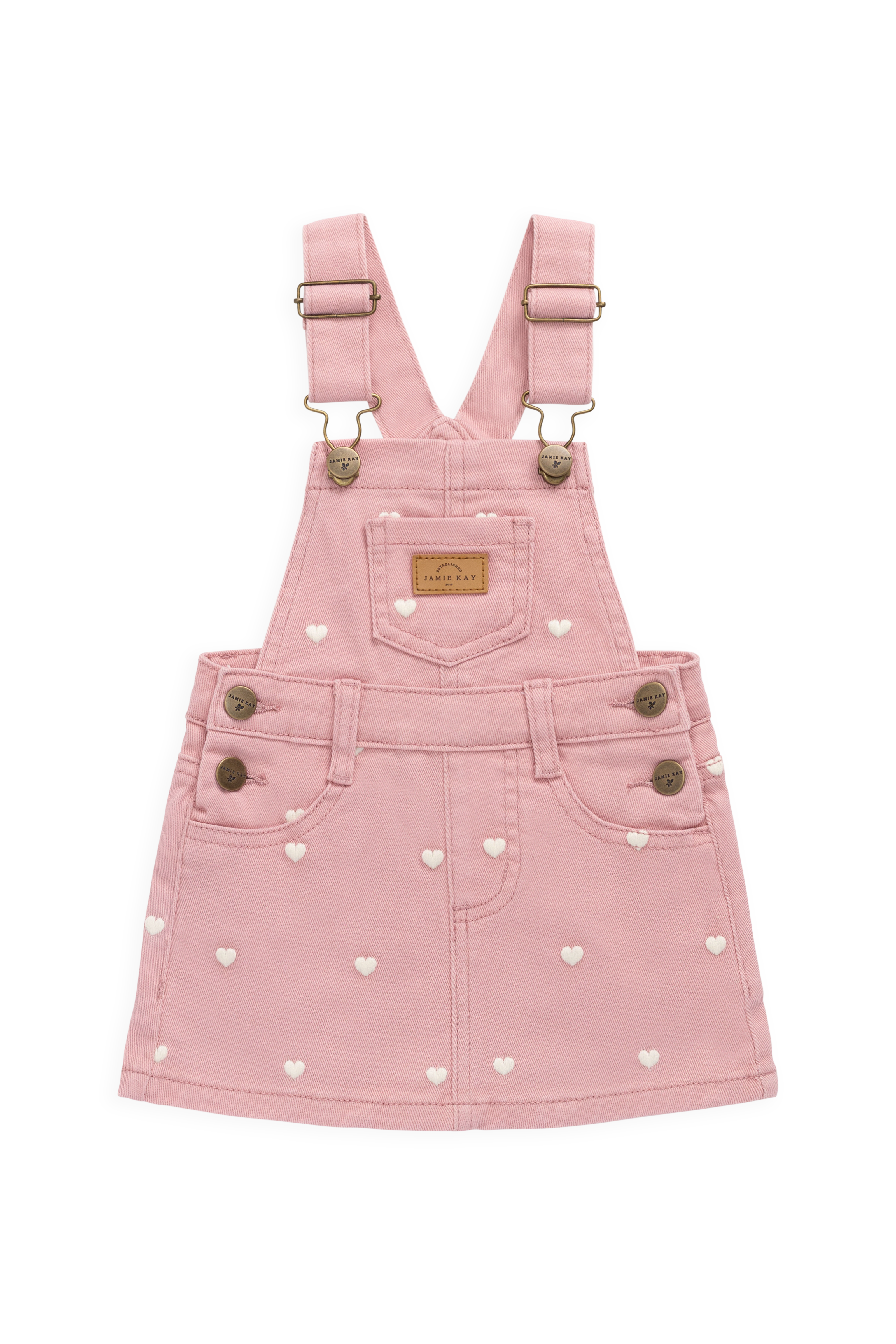 Robe salopette classique en coton-élasthanne à imprimé cœurs roses avec bretelles réglables pour filles 6M-8Y