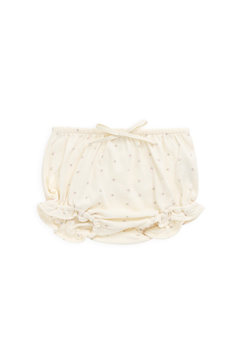 Bloomer en coton biologique à imprimé cerises avec volants et taille élastique, coloris crème doux, pour bébés de 0 à 3 ans