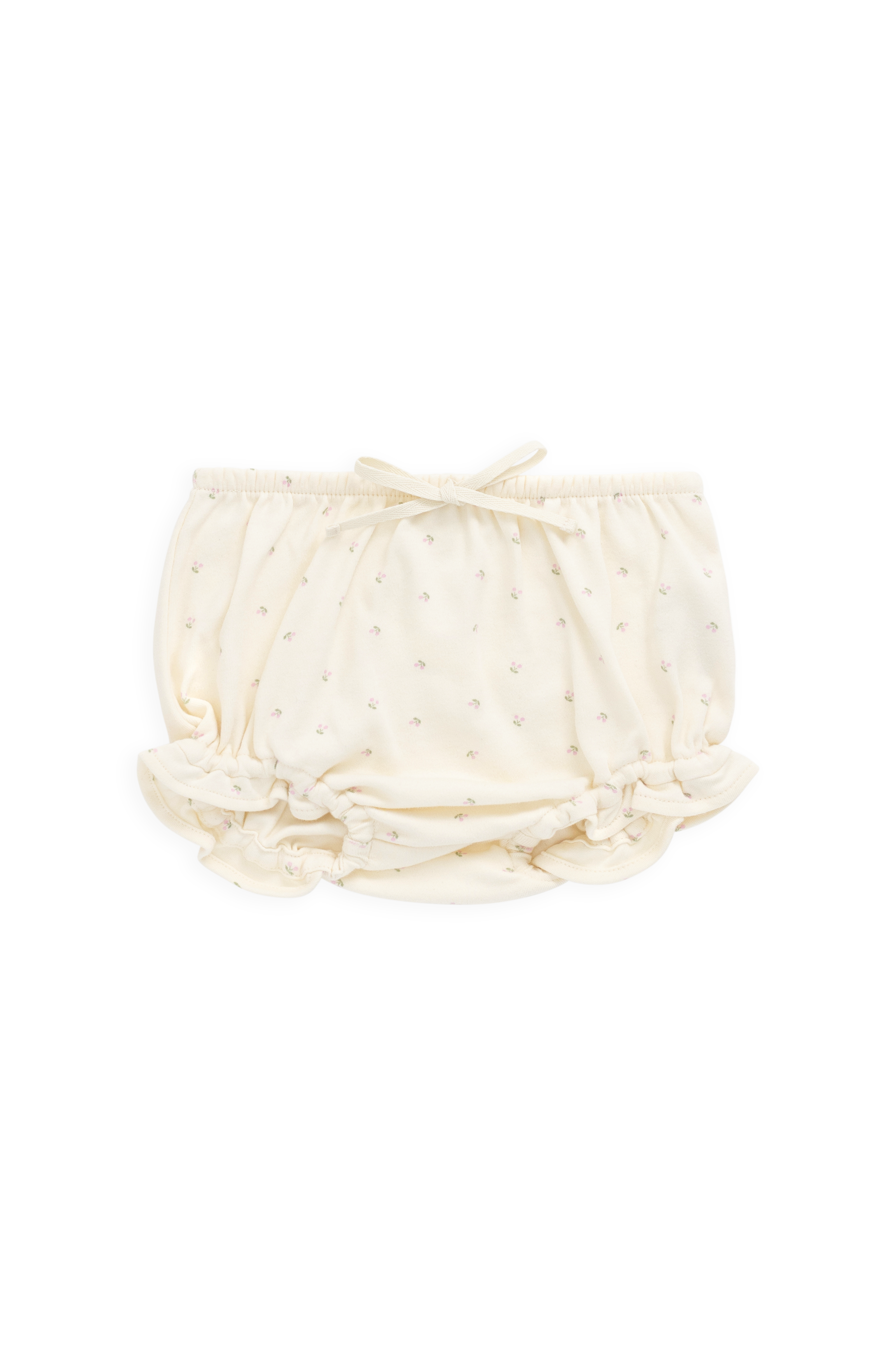Bloomer en coton biologique à imprimé cerises avec volants et taille élastique, coloris crème doux, pour bébés de 0 à 3 ans
