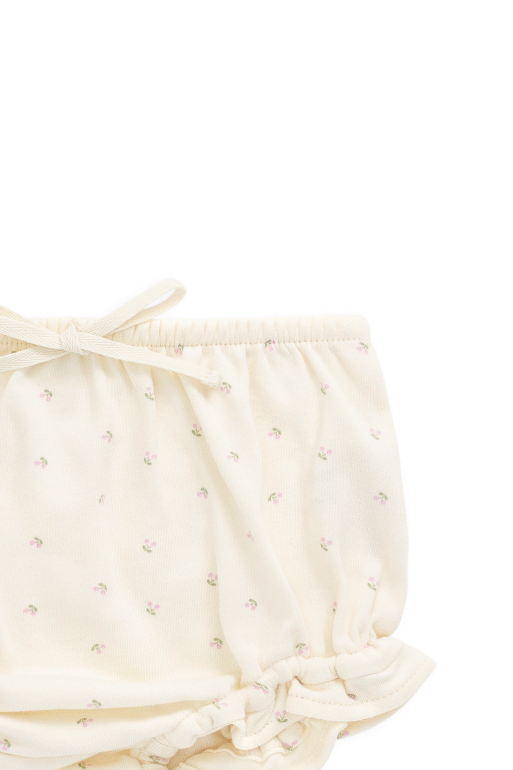 Bloomer en coton biologique à imprimé cerises avec volants et taille élastique, coloris crème doux, pour bébés de 0 à 3 ans