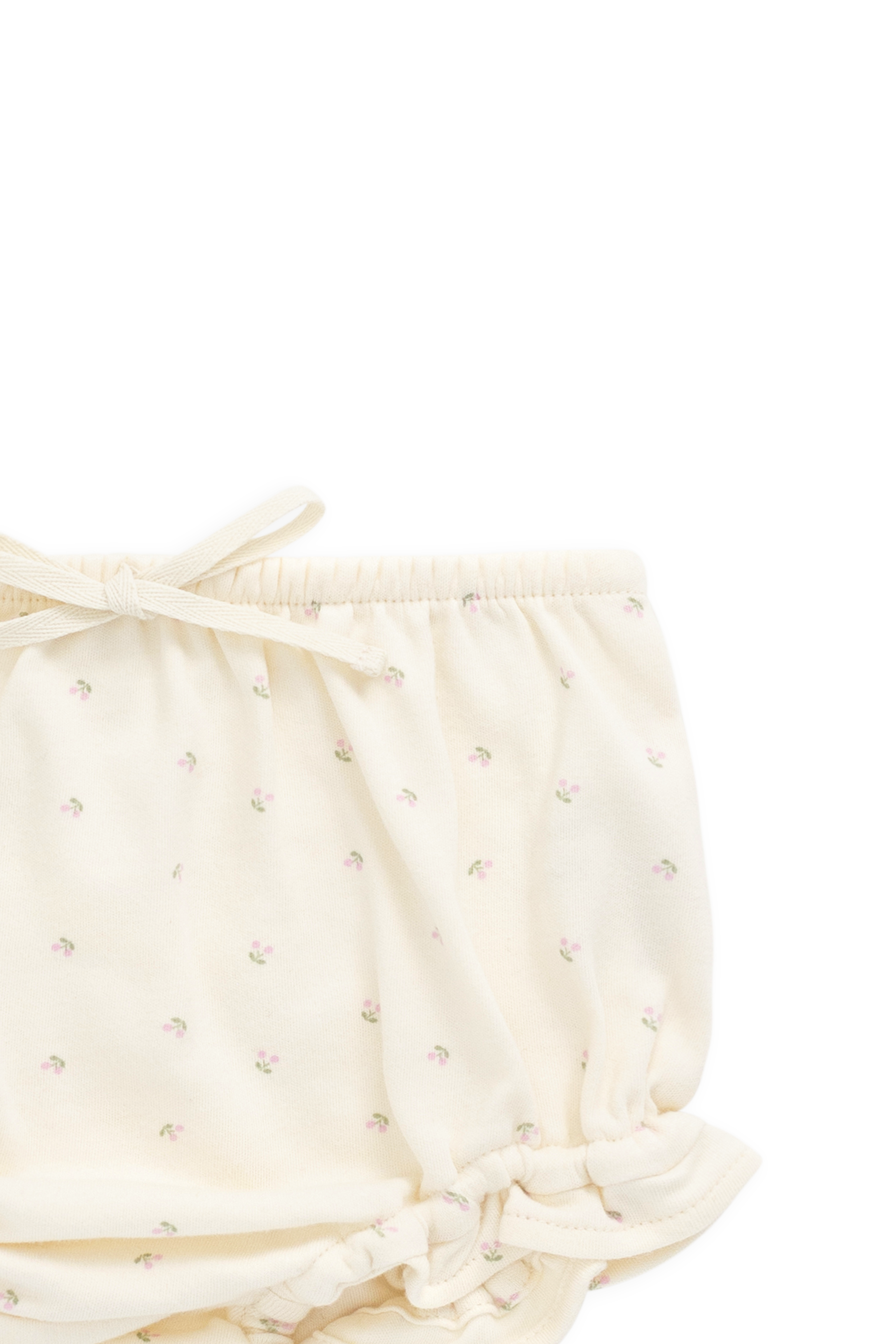 Bloomer en coton biologique à imprimé cerises avec volants et taille élastique, coloris crème doux, pour bébés de 0 à 3 ans