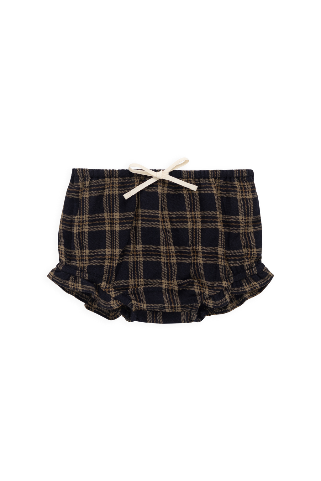 Bloomer à volants en coton biologique à carreaux classiques couleur Terre de sous-bois avec taille élastique pour bébés de 0 à 3 ans