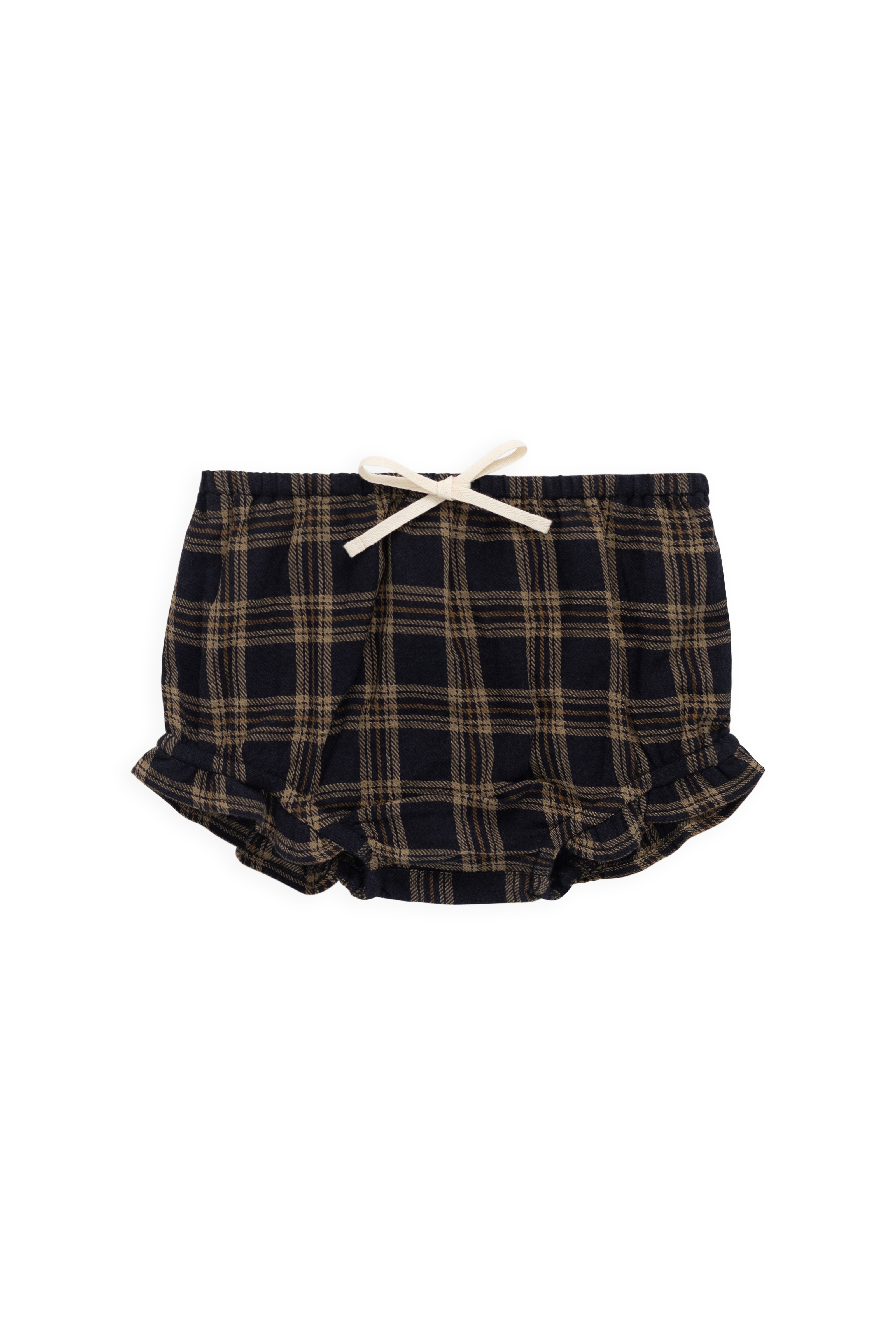 Bloomer à volants en coton biologique à carreaux classiques couleur Terre de sous-bois avec taille élastique pour bébés de 0 à 3 ans