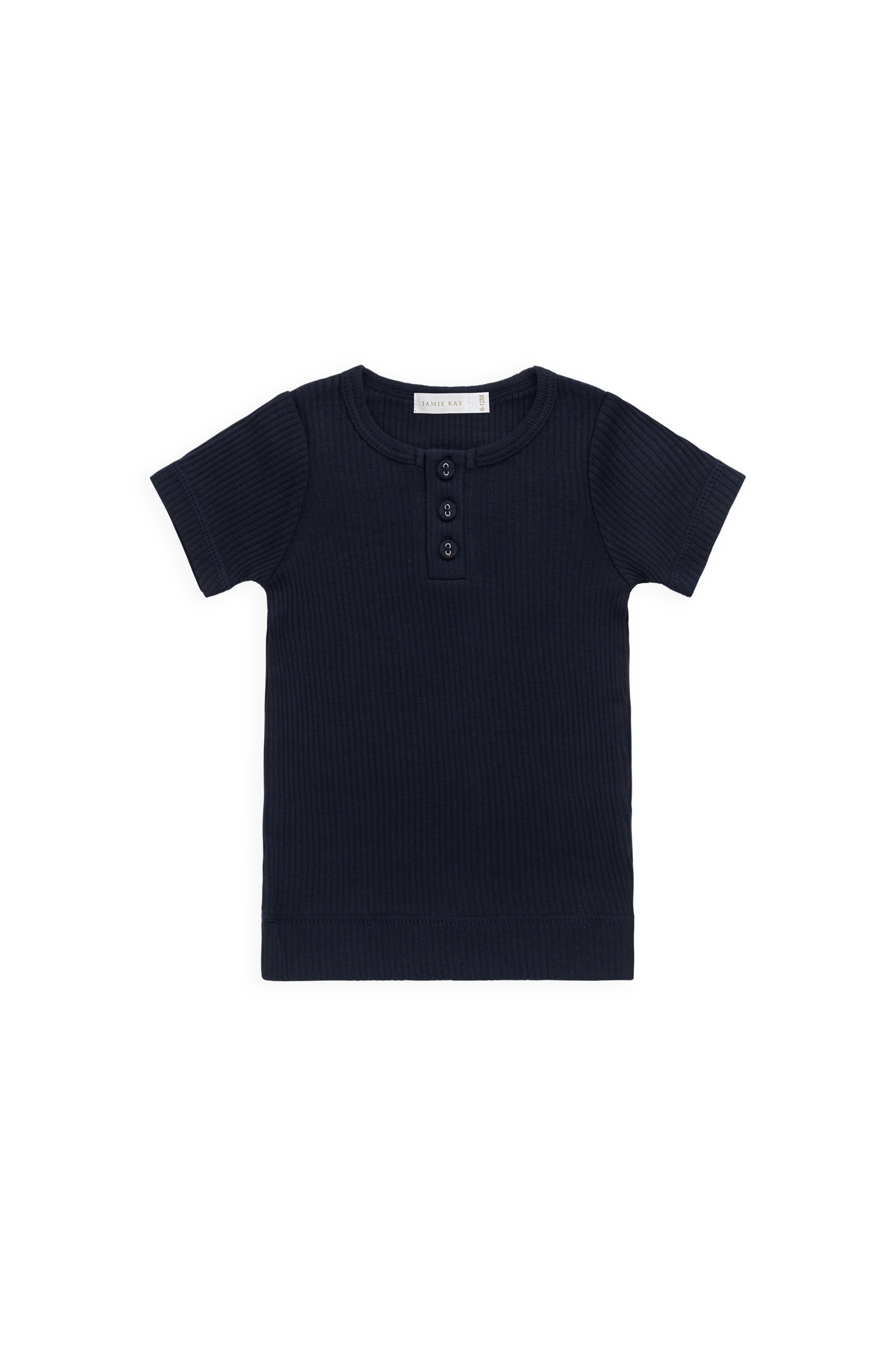T-shirt Henley côtelé classique marine en coton modal biologique avec patte de boutonnage, pour usage quotidien 6M-10A