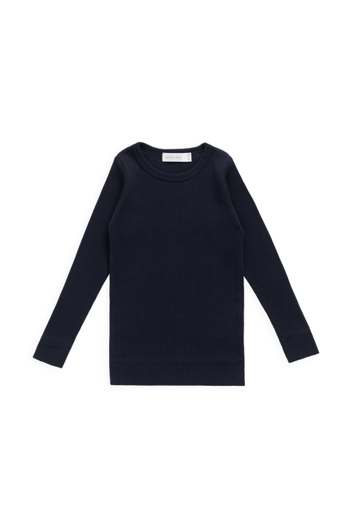 Haut classique en coton bio et modal côtelé bleu marine à manches longues et patte de boutonnage, pour superposer, du nouveau-né à 10 ans