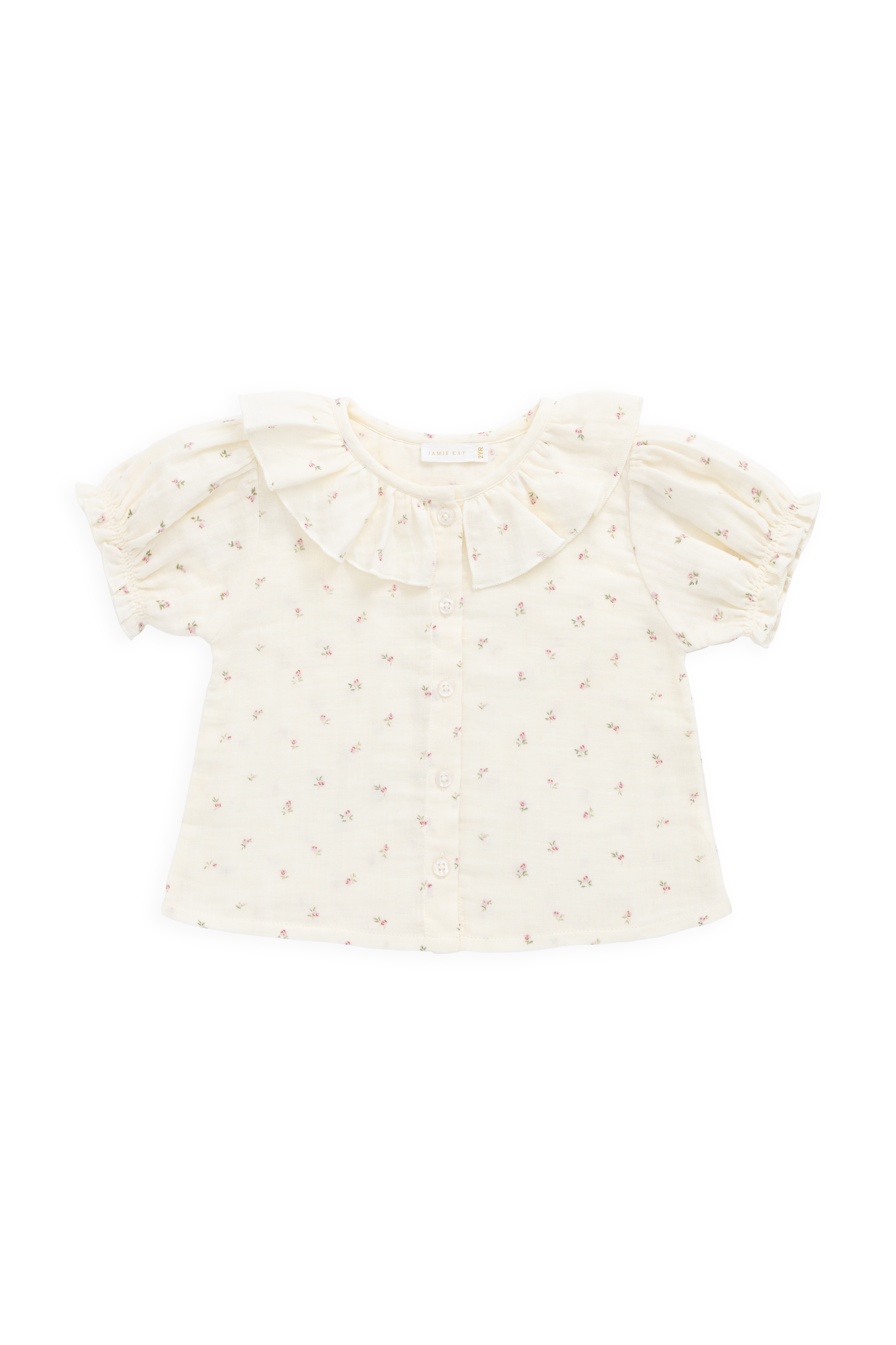 Haut en mousseline de coton biologique Vintage Willow Rose à col volanté et boutonnage sur le devant pour filles de 0 à 10 ans