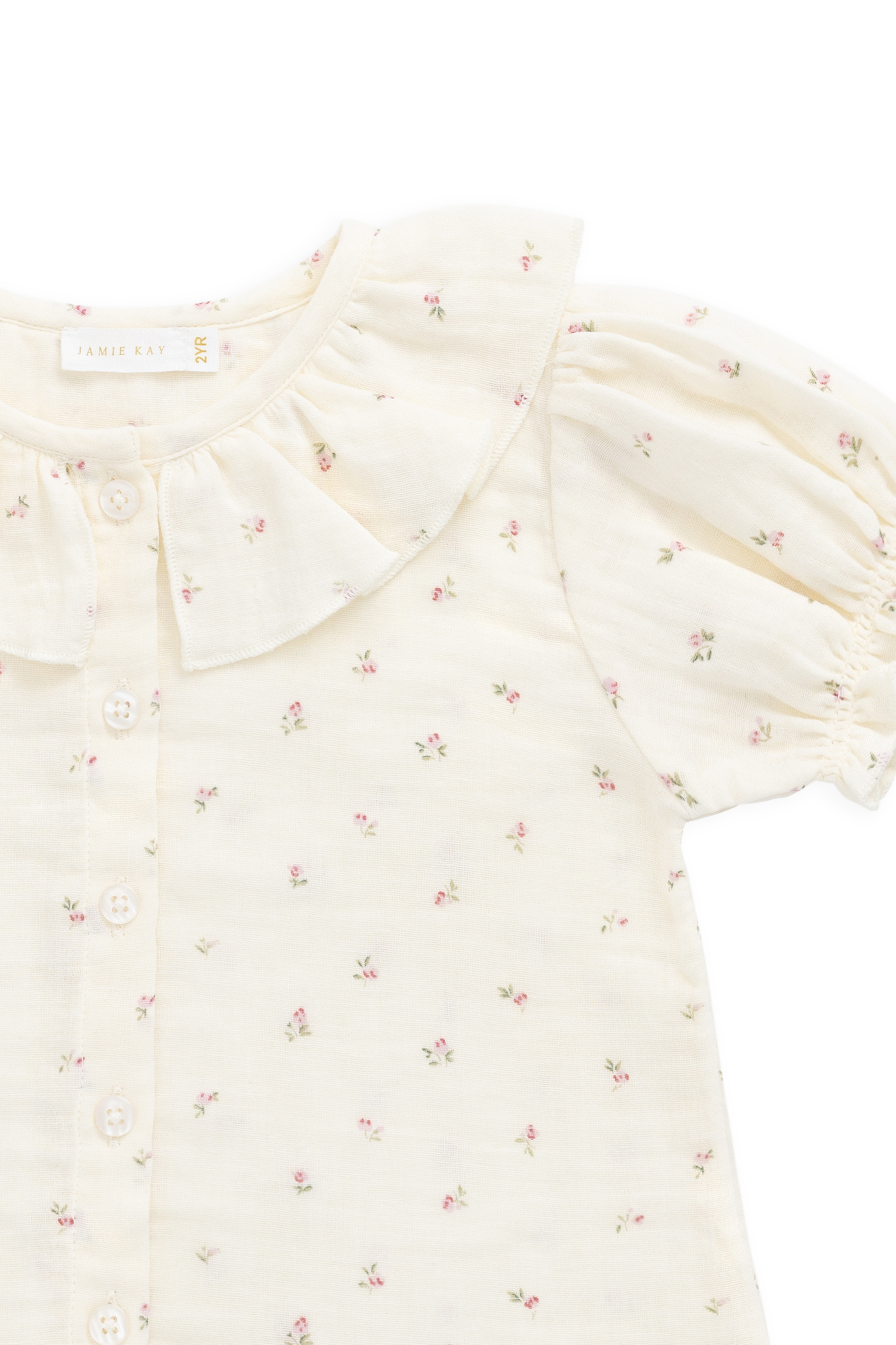 Haut en mousseline de coton biologique Vintage Willow Rose à col volanté et boutonnage sur le devant pour filles de 0 à 10 ans
