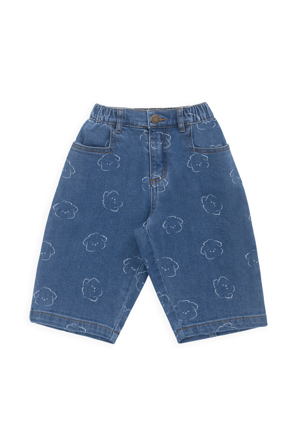 Pantalon Enfant en Coton Denim Bleu Moyen Ludique avec Broderie Ours, Taille Élastique et Poches 6M–8A