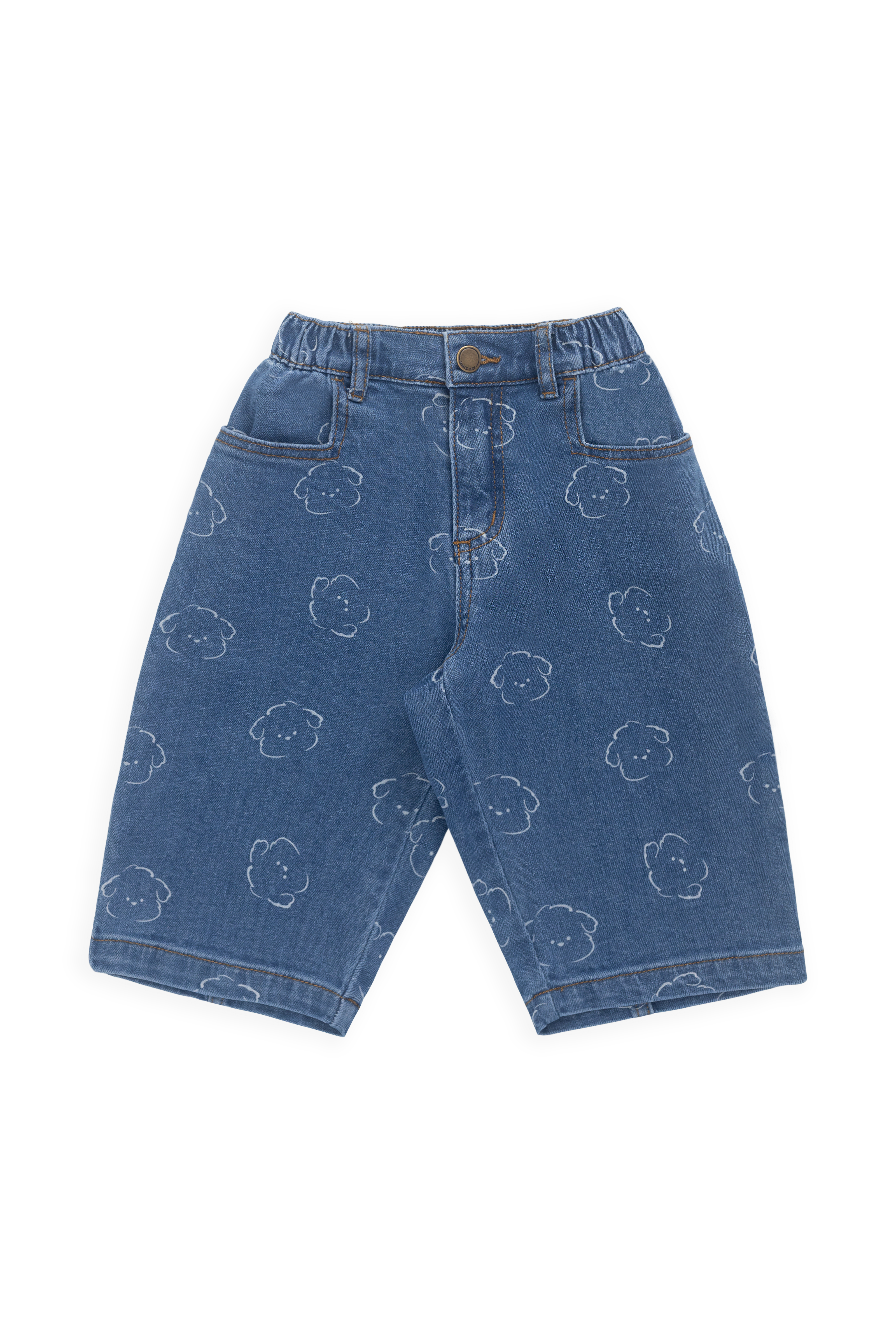Pantalon Enfant en Coton Denim Bleu Moyen Ludique avec Broderie Ours, Taille Élastique et Poches 6M–8A