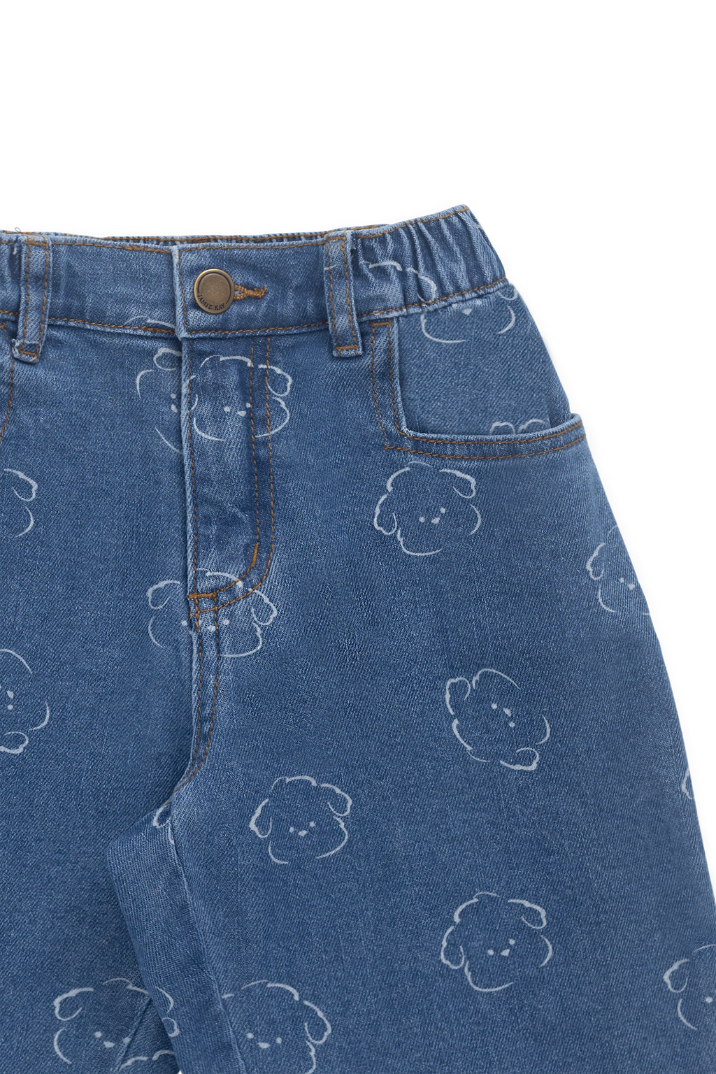 Pantalon Enfant en Coton Denim Bleu Moyen Ludique avec Broderie Ours, Taille Élastique et Poches 6M–8A