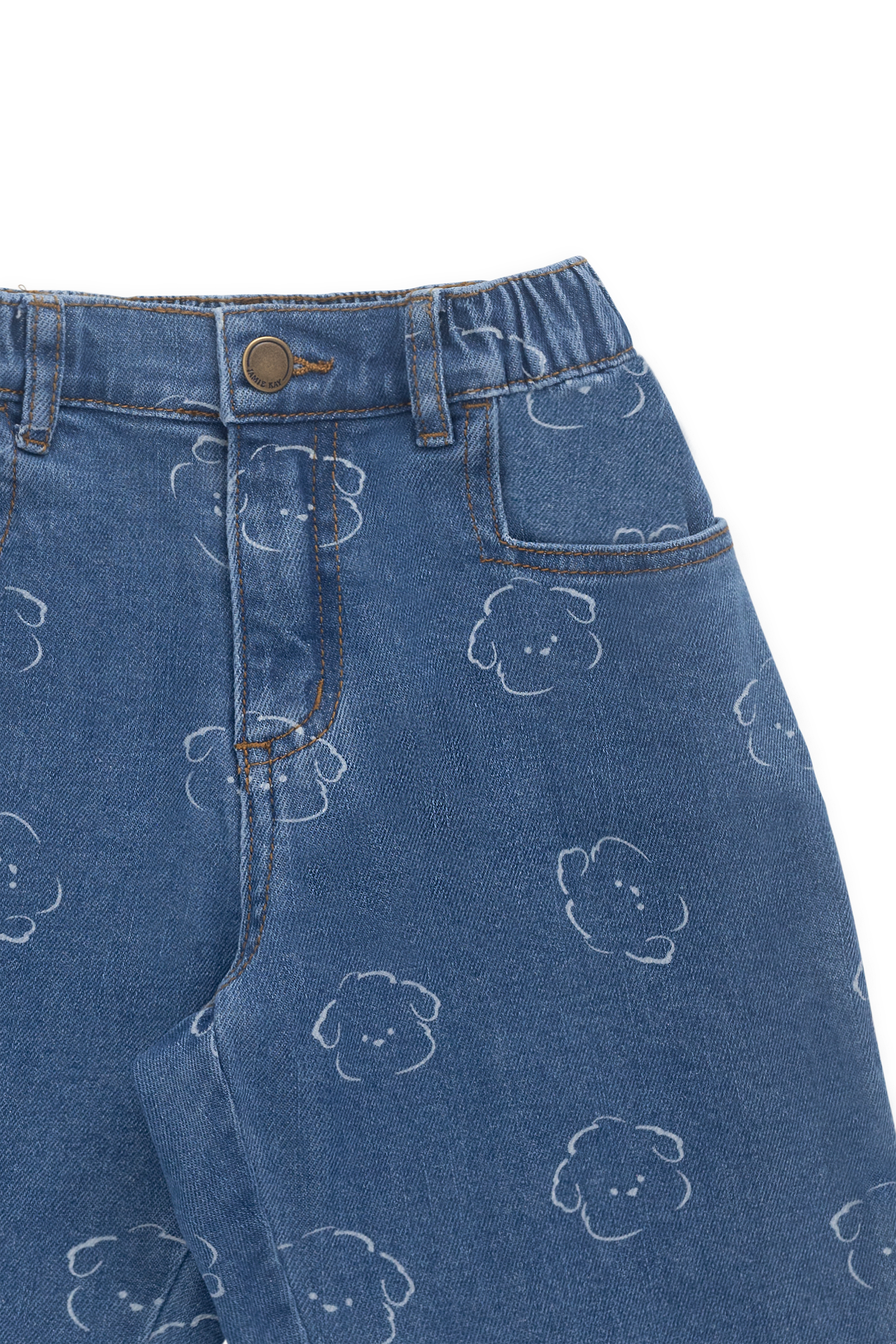 Pantalon Enfant en Coton Denim Bleu Moyen Ludique avec Broderie Ours, Taille Élastique et Poches 6M–8A