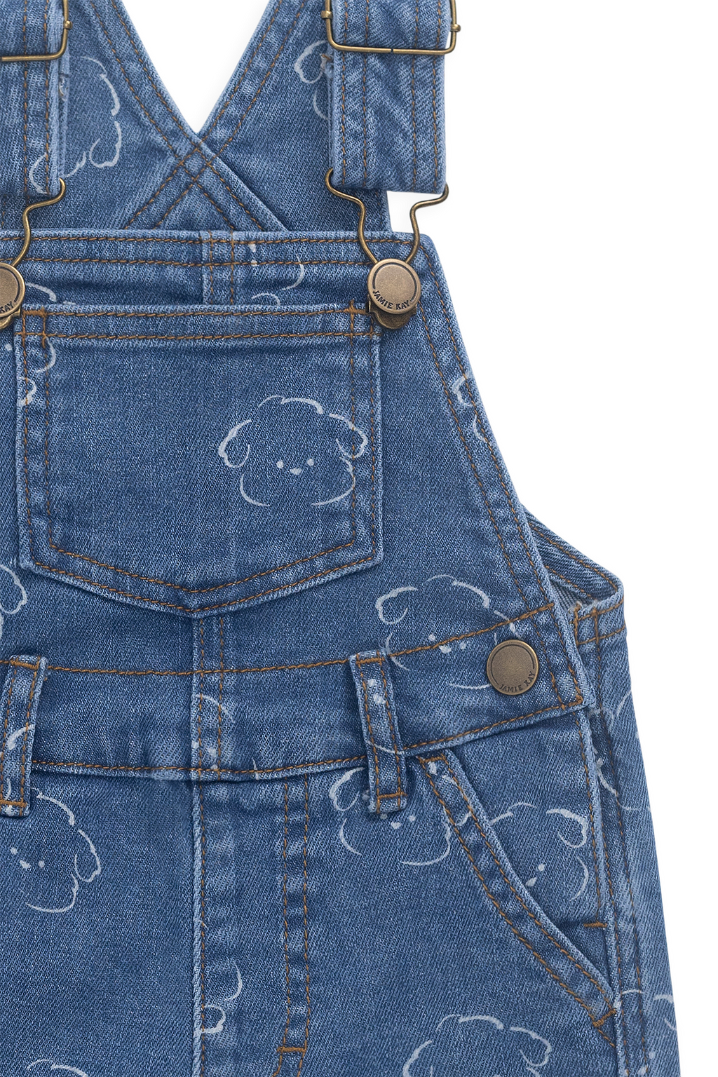 Salopette Courte en Jean Bleu Ciel Imprimé Nuages en Coton avec Bretelles Réglables et Boutons Pression pour Enfants 6M–8A