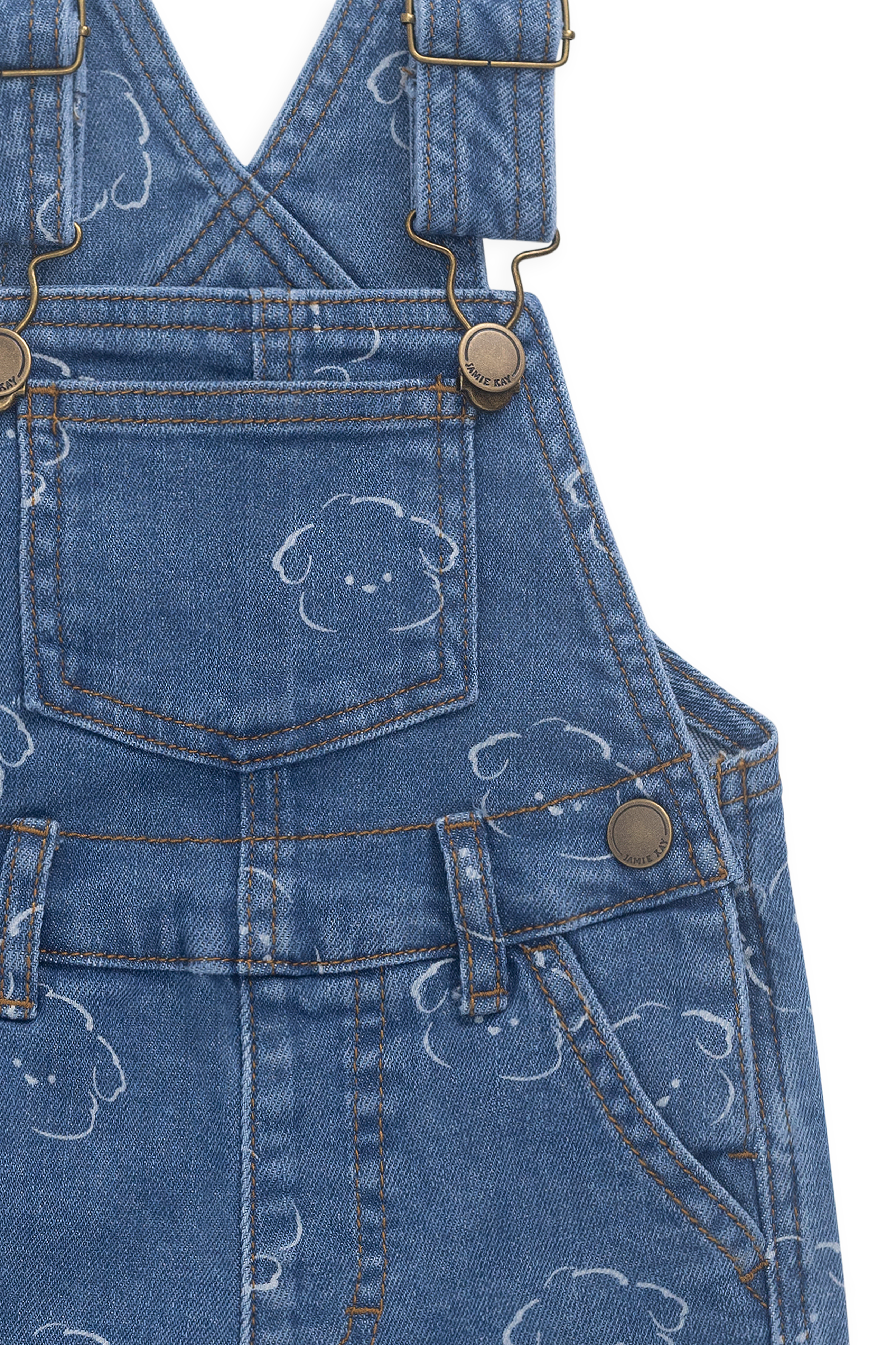 Salopette Courte en Jean Bleu Ciel Imprimé Nuages en Coton avec Bretelles Réglables et Boutons Pression pour Enfants 6M–8A