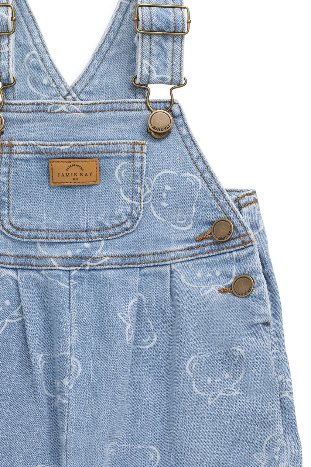 Salopette en jean bleu clair décontractée en coton imprimé Bowie avec bretelles réglables et poche bavette pour enfants de 6 mois à 6 ans