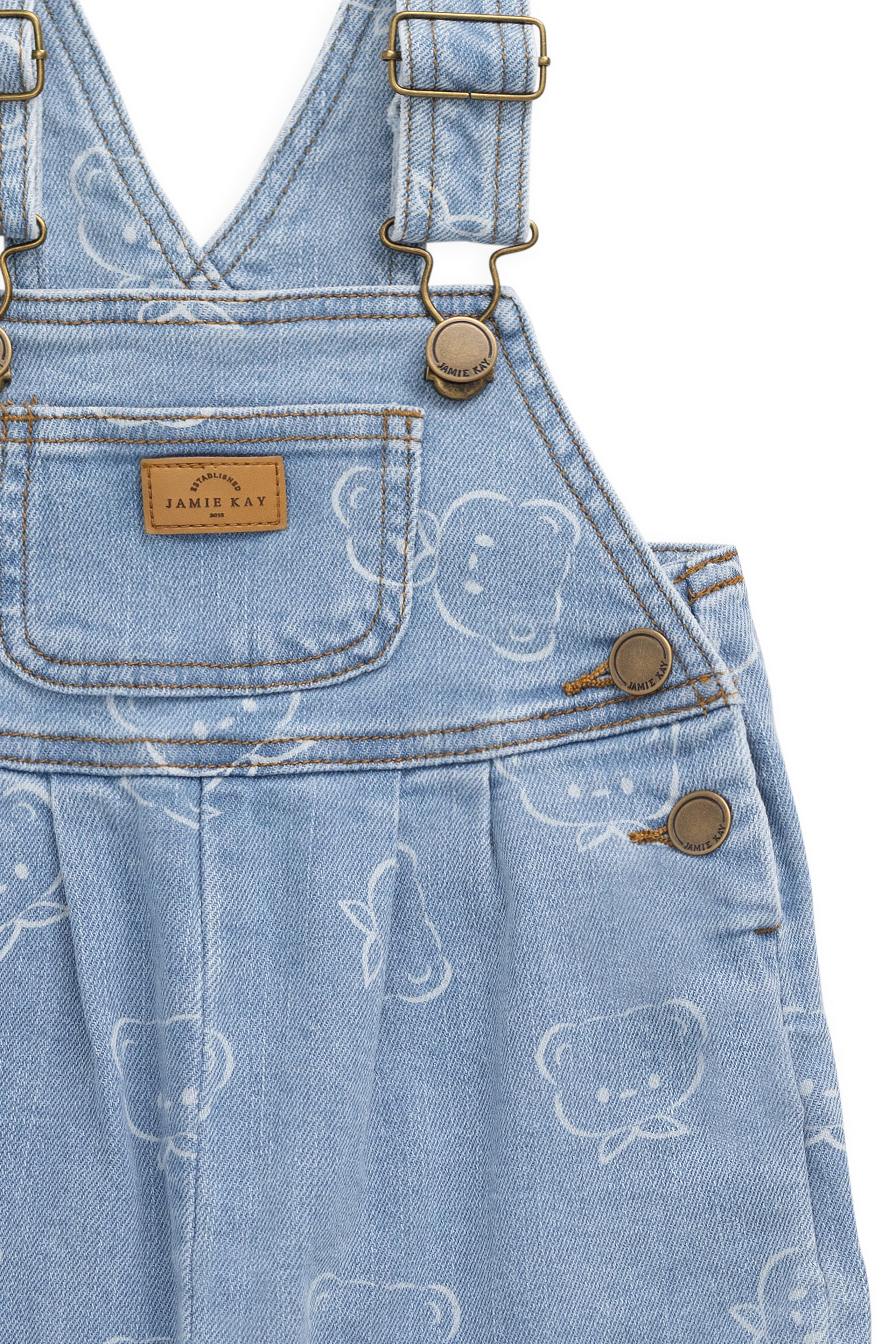 Salopette en jean bleu clair décontractée en coton imprimé Bowie avec bretelles réglables et poche bavette pour enfants de 6 mois à 6 ans
