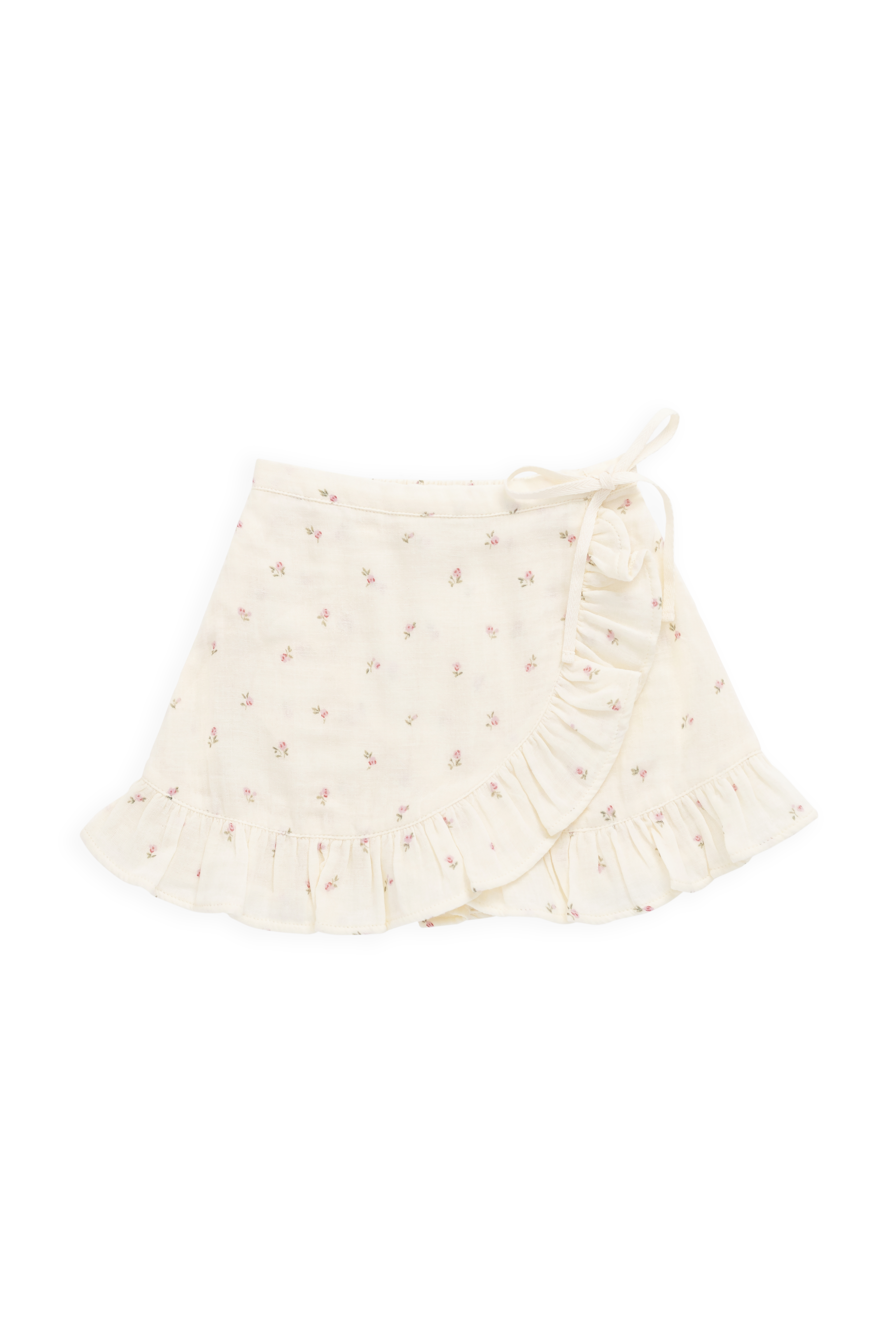 Jupe cache-cœur en mousseline de coton biologique Vintage Willow Rose avec ourlet à volants et nœud latéral pour filles de 1 à 10 ans